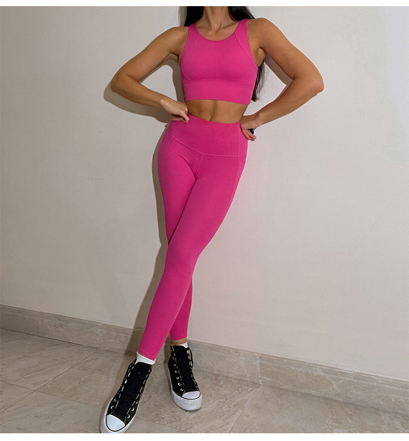 Nude Feel Fabric Sports Vest High Waist Trousers Double Side Pocket Yoga Suit