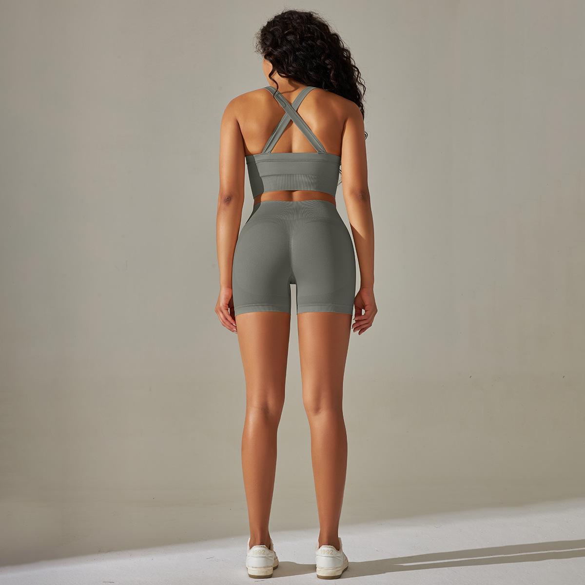 Knitted Cross Back Bra Vest High Waist Peach Hip Tights Sports Yoga Suit Women