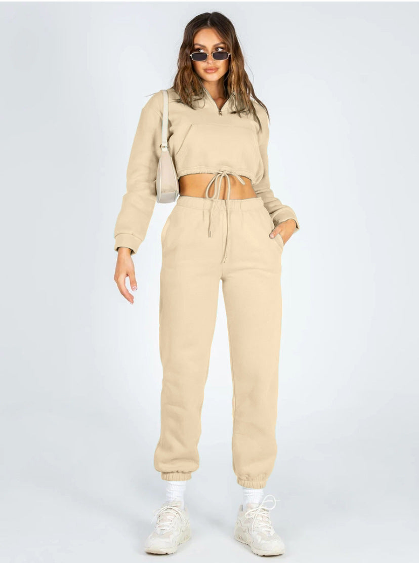 Autumn Winter Solid Color Stand Collar Zipper Drawstring Cropped Brushed Hoody Casual Sweatpants Suit Women