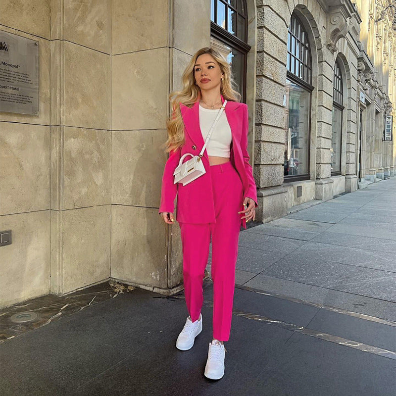 Spring Autumn Women Solid Color Two Piece Set Casual Trousers Set