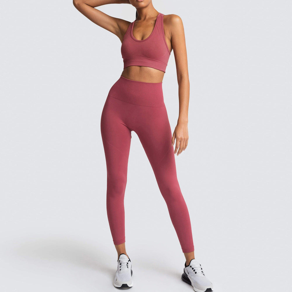 New Seamless Knitted Hip Sports Yoga Suit Workout Bra Vest Suit Tights Women