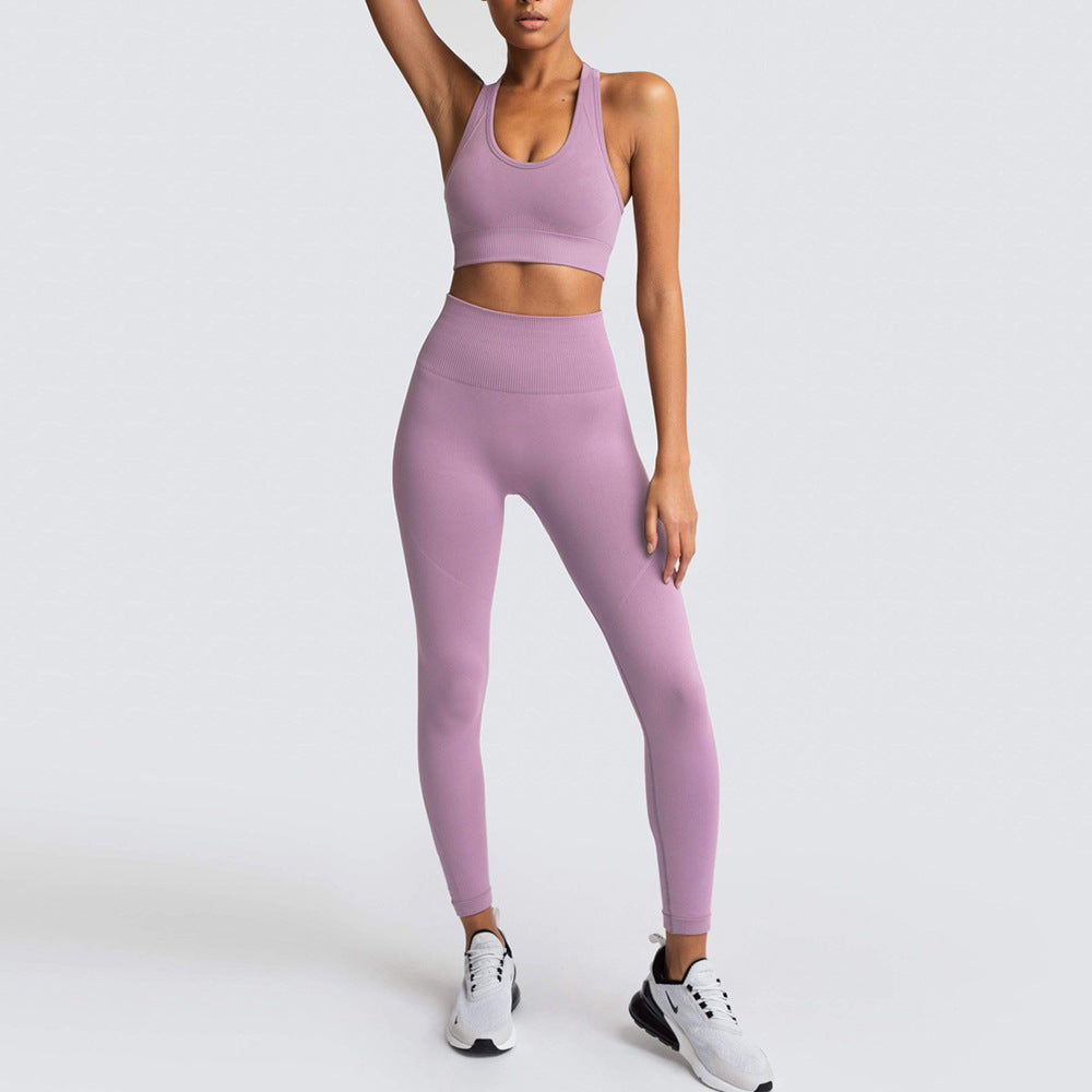 New Seamless Knitted Hip Sports Yoga Suit Workout Bra Vest Suit Tights Women