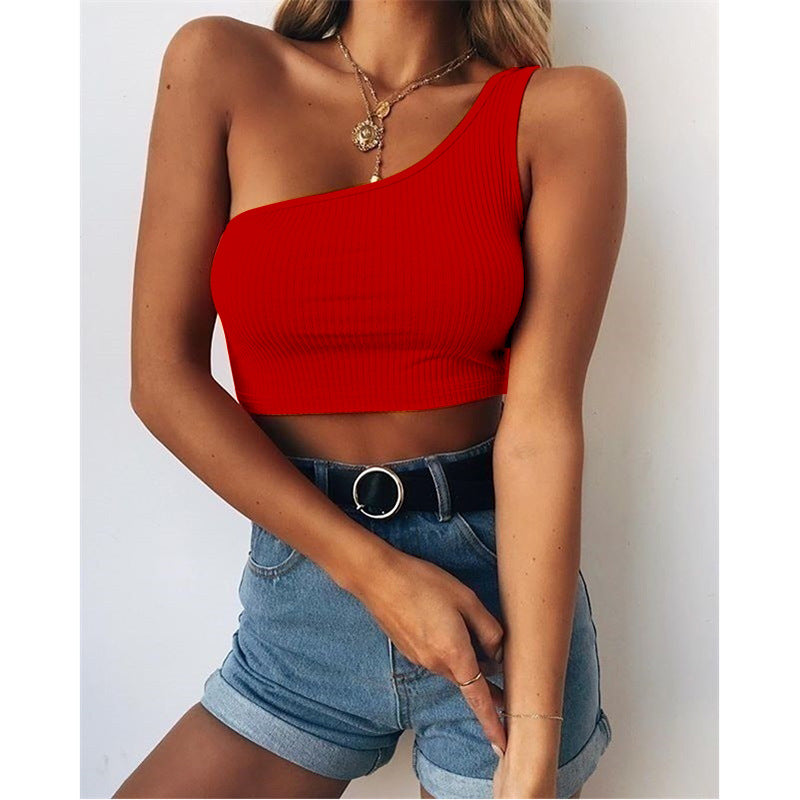 Products Solid Color Low Cut Sleeveless Cropped One Shoulder Halterneck Vest