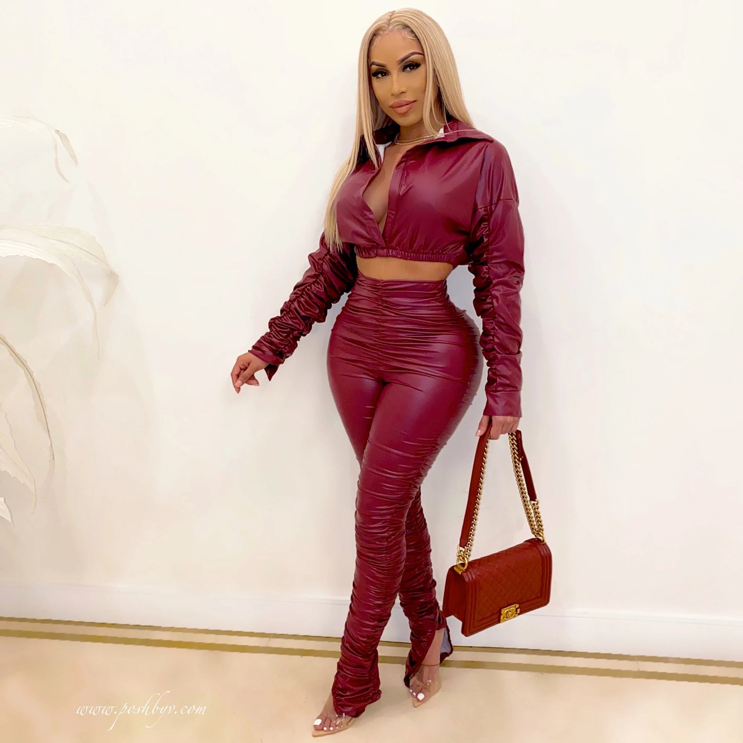 Women Clothing Fashion Casual Faux Leather Ruched Elastic Autumn Winter Two-Piece Set