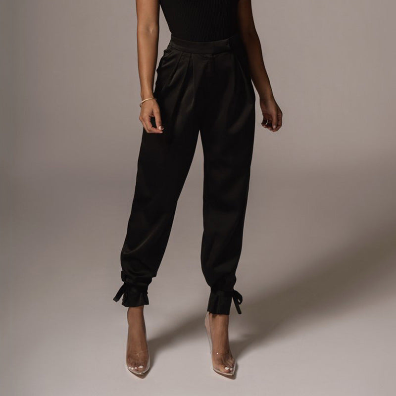 Women High Waist Lace-up Beam Skinny Trousers