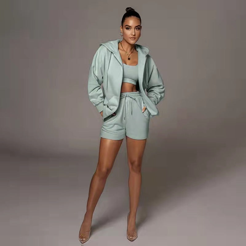 Spring Autumn Urban Casual Solid Color Cardigan Hooded Shorts Women Velvet Long Sleeve Sweatshirt Suit Two Piece Set