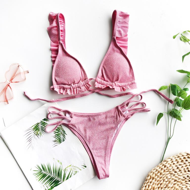 Ruffle Swimsuit Women Shiny Bikinis Mujer Triangle Swimwear Women Sexy Bikini Hollow Out Cutout Out Bathing Suit String Two Piece Set