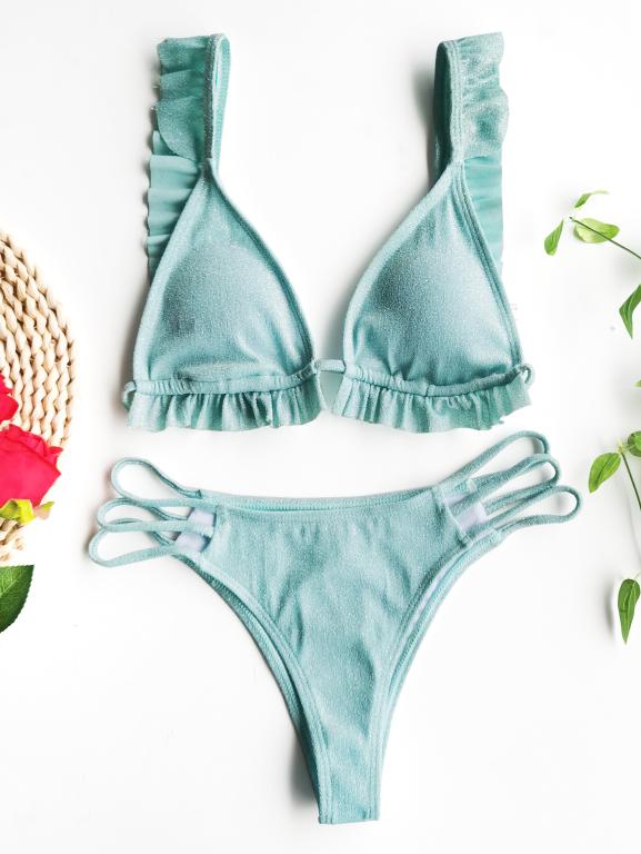 Ruffle Swimsuit Women Shiny Bikinis Mujer Triangle Swimwear Women Sexy Bikini Hollow Out Cutout Out Bathing Suit String Two Piece Set