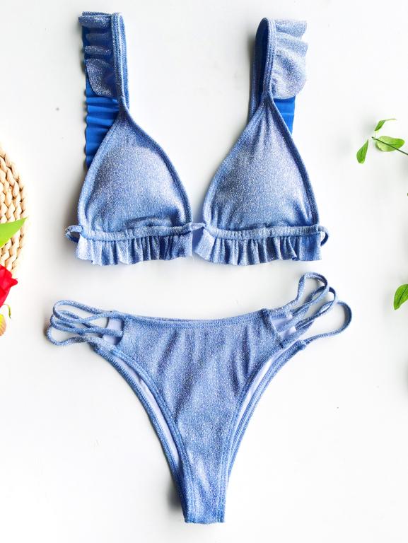 Ruffle Swimsuit Women Shiny Bikinis Mujer Triangle Swimwear Women Sexy Bikini Hollow Out Cutout Out Bathing Suit String Two Piece Set