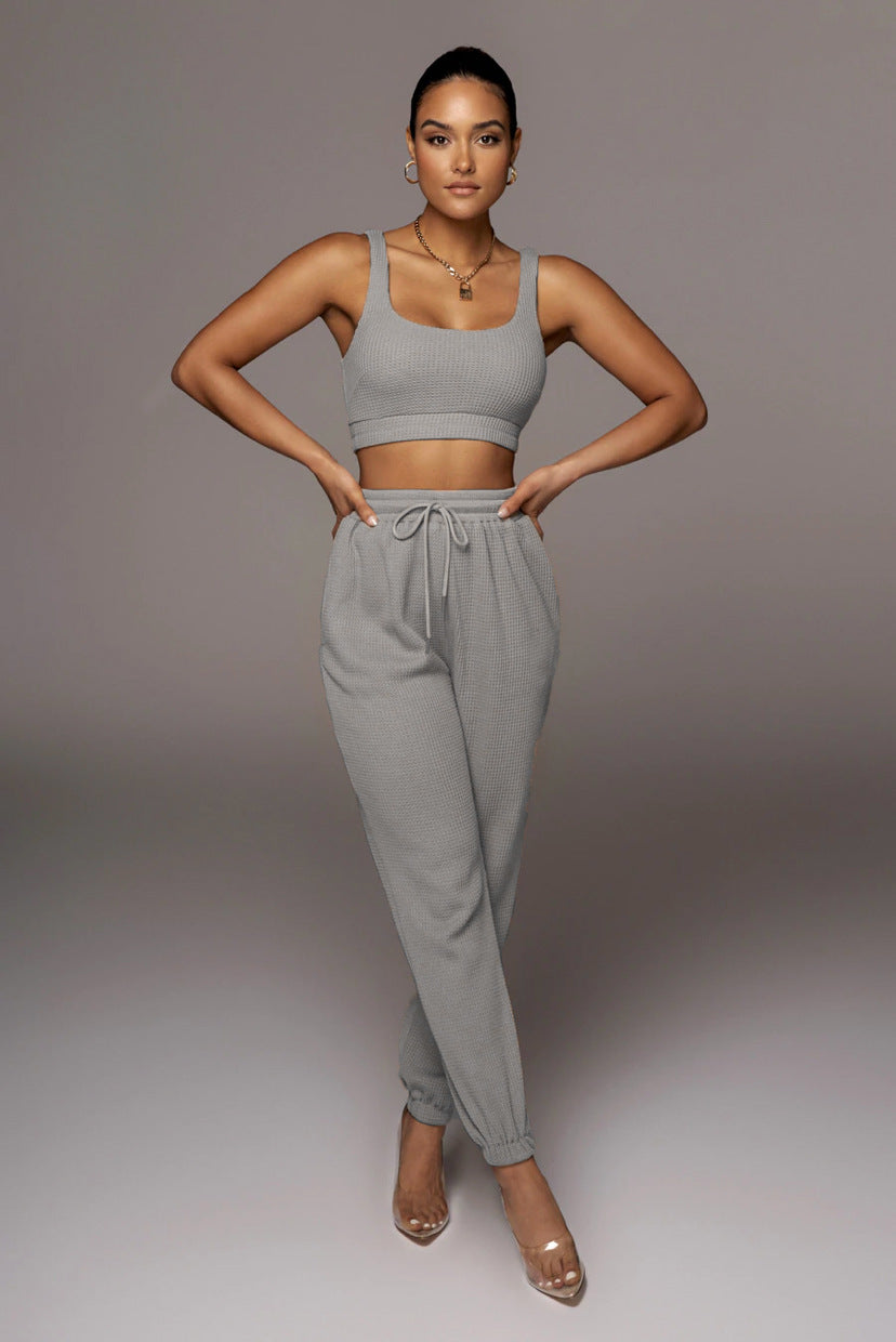 Spring Summer Solid Color Body Shaping Vest Short Women Ankle-Tied Trousers Casual Set