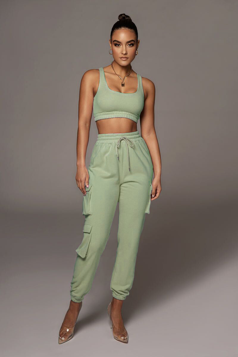 Casual Set Solid Color Pocket Ankle Tied Trousers Body Shaping Vest Two Piece Set Women