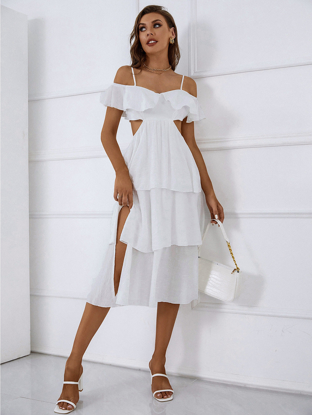 Summer Solid Color Strap Backless Cropped Outfit Sexy High Waist Tiered Dress Women Dress
