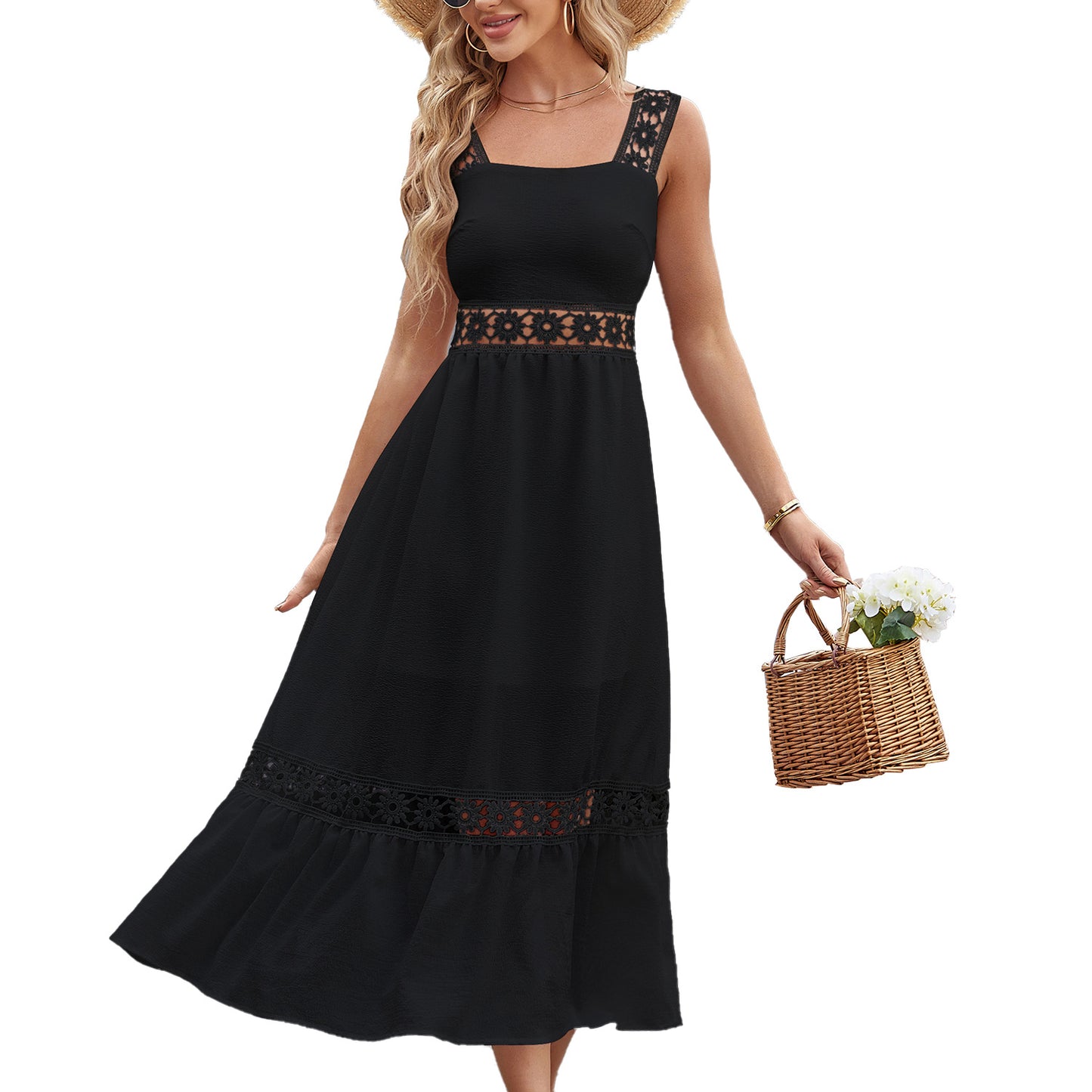 Solid Color Hollow Out Lace Stitching Square Collar Sleeveless Strap Dress