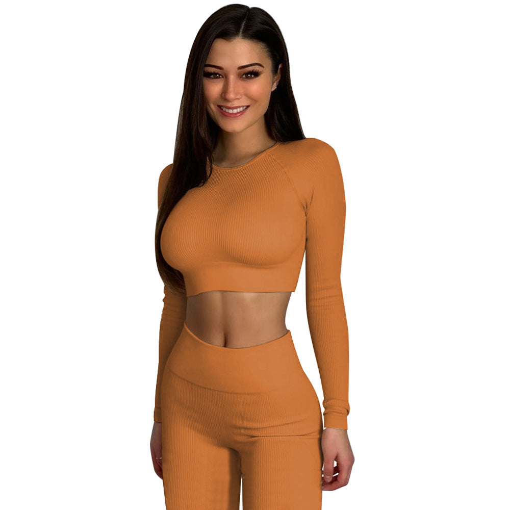 Knitted Women Clothing Rib Sunken Stripe Seamless Yoga Workout Clothes Long Sleeve Trousers Suit