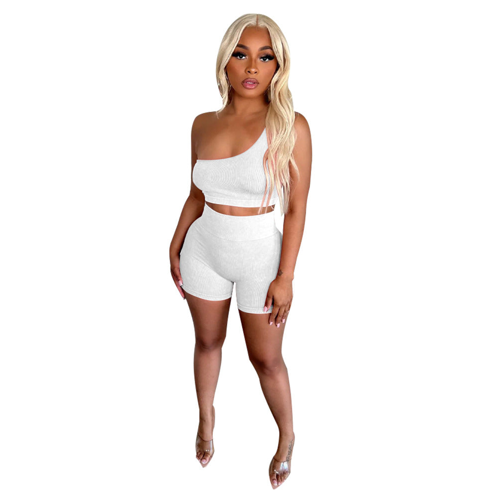 Women Popular Diagonal Collar Sleeveless High Waist Shorts Casual Sports Suit