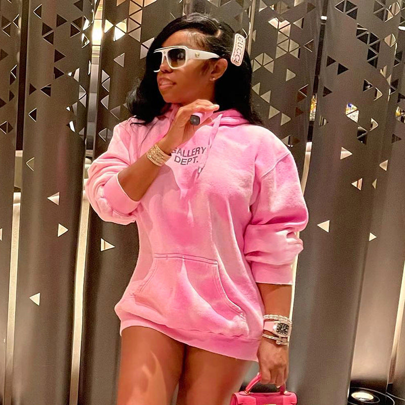 Women Clothing Autumn Winter Hooded Hat Rope Long Sleeve Letter Graphic Printing Long Pocket Top