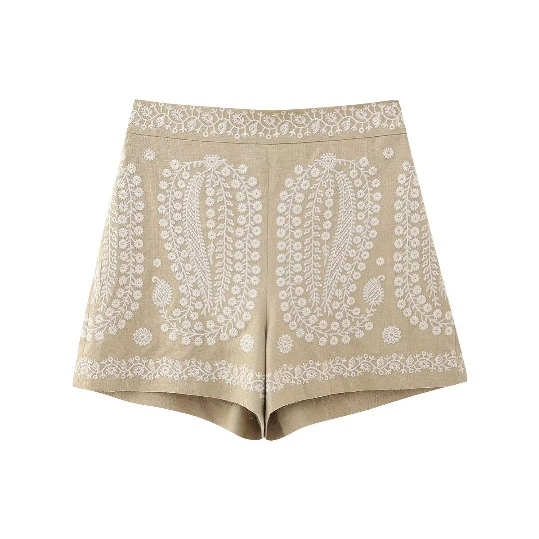 Summer Women Clothing Street Casual Linen Embroidery Shorts