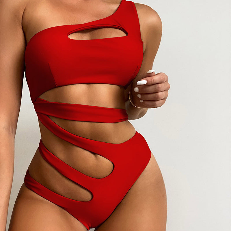 Solid Color One Shoulder Hollow Out Cutout out Swimsuit Women Vacation Travel Beach Spring Swimsuit