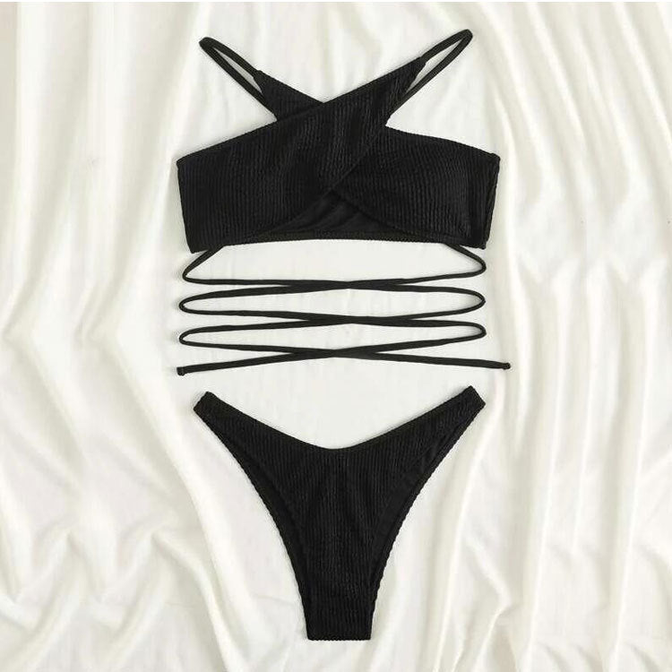 Swimsuit Solid Color Sexy Lace Up Split Swimming Suit Swimsuit Bikini Women Bikini