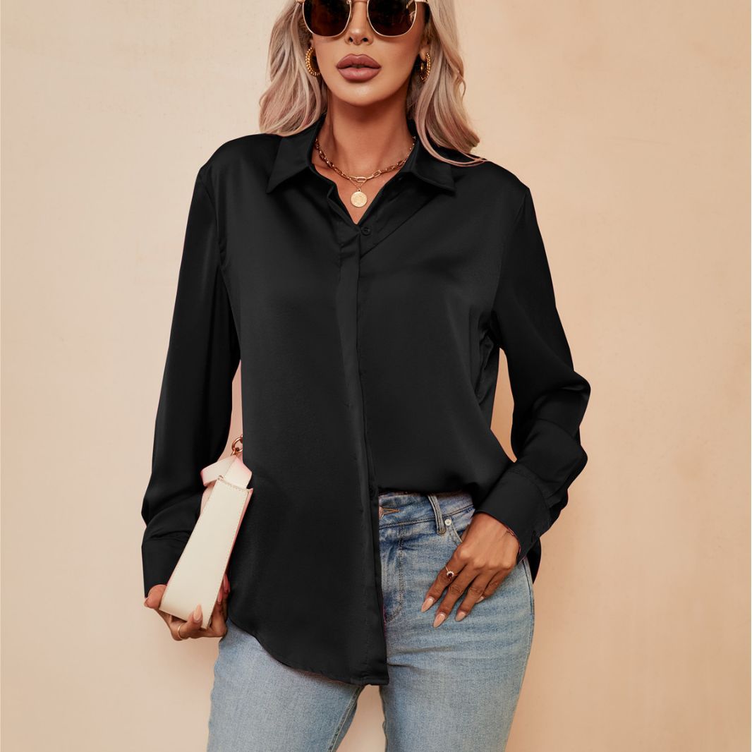 Women Satin Cardigan Top Casual Loose Long Sleeve Shirt