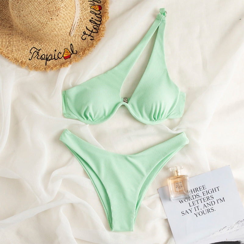 Multi Color Sexy Triangle Women Seperated Swimwear Solid Color One Shoulder Steel Bracket Hollow Out Cutout