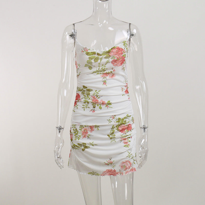 Mesh Floral Print French Dress Women Clothing Spring Beach Sexy Graceful Slip Dress