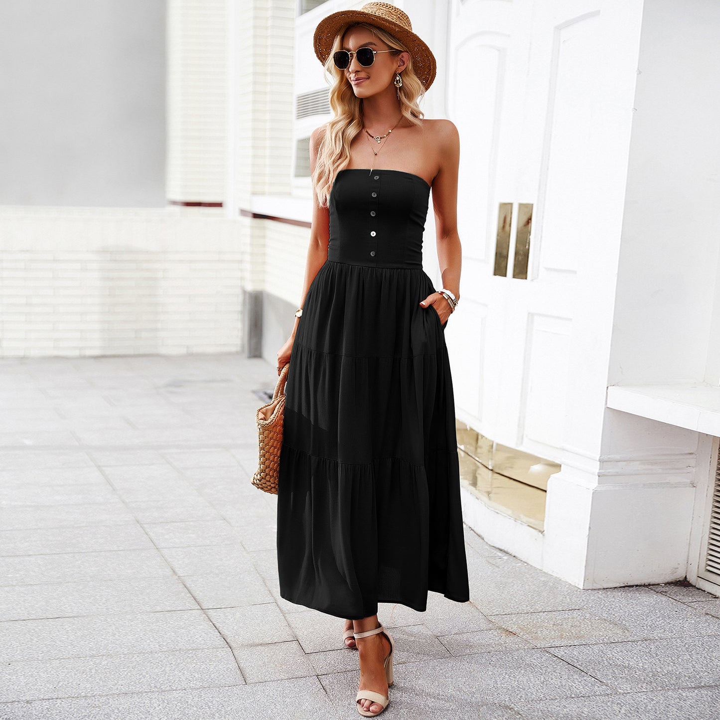 Tube Top Dress Summer Women Clothing Solid Color Casual Maxi Dress