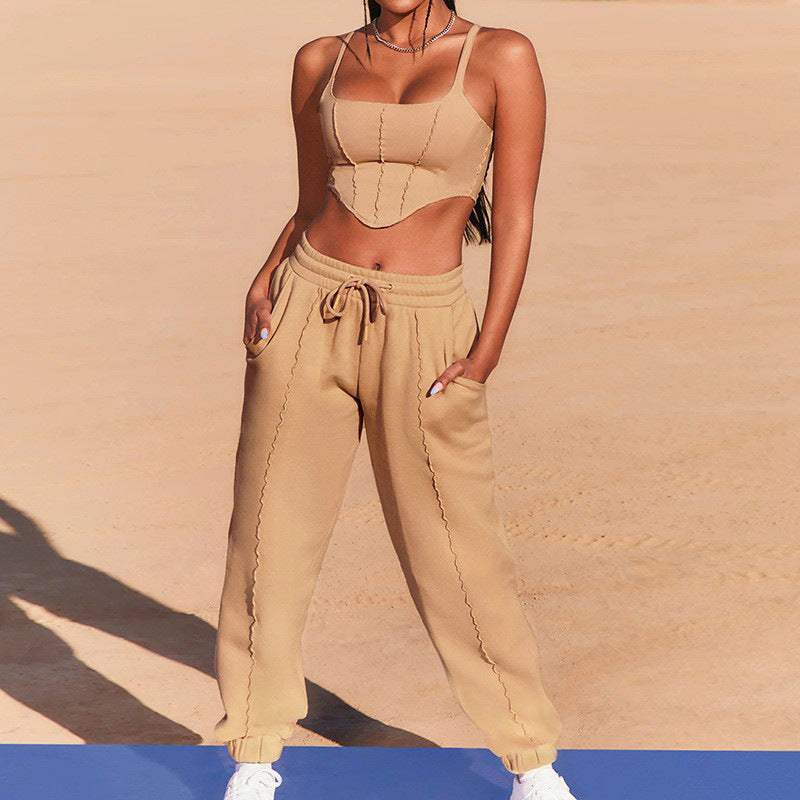 Women Clothing Sexy Solid Color Sling Casual Pants Two Piece Suit