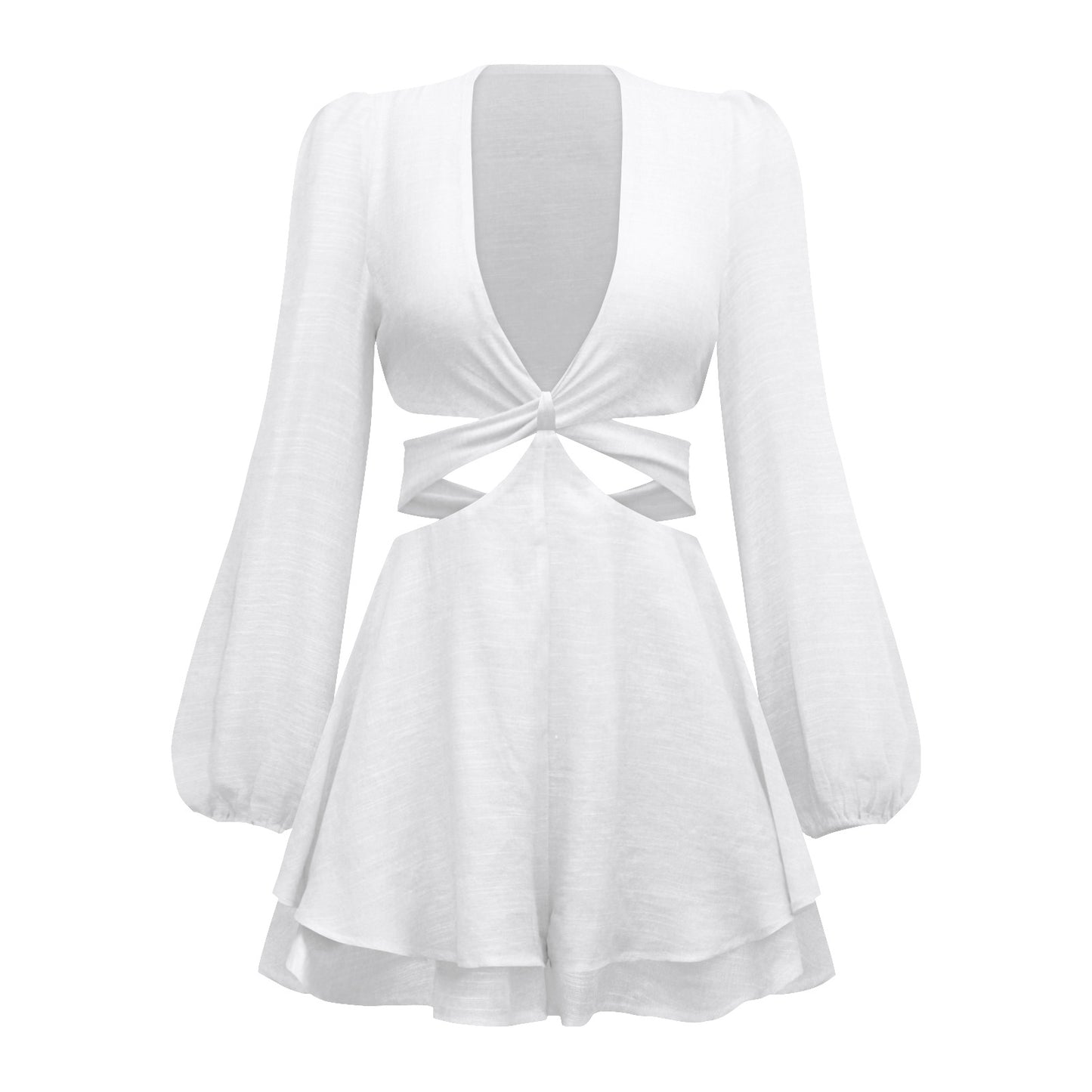 Solid Color Pantskirt Deep V Plunge Plunge neck Slim Fit Women Wear Lantern Long Sleeve Ruffled Romper