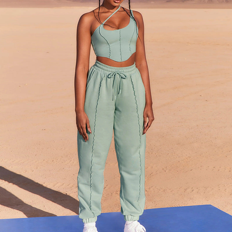 Women Clothing Sexy Solid Color Sling Casual Pants Two Piece Suit