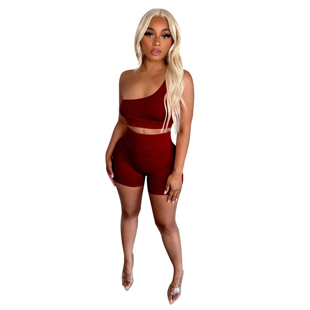Women Popular Diagonal Collar Sleeveless High Waist Shorts Casual Sports Suit