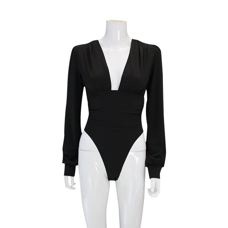 Women Sexy Deep V Plunge Long Sleeved Jumpsuit Waist Tight Design Fashionable Pleated Sexy Top