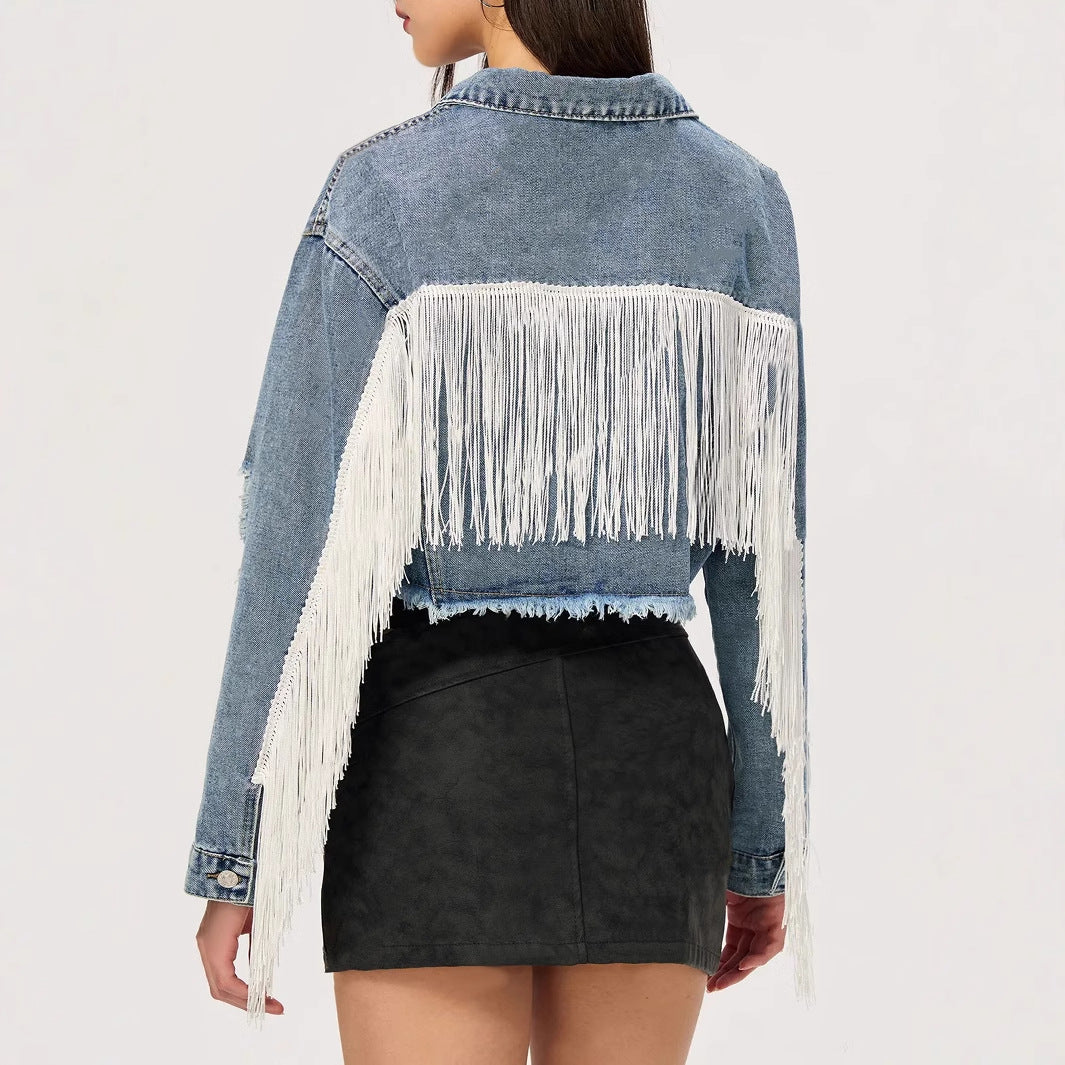 Women Clothing Personalized Street Short Tassel Ripped Denim Coat