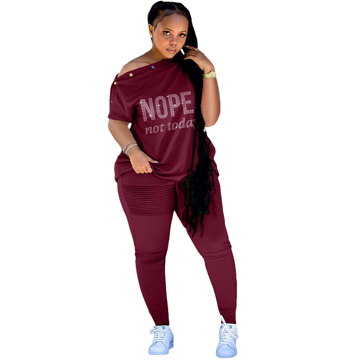 Urban Sexy Rhinestone Letter Graphic Breasted Off Neck Loose Two Piece Suit