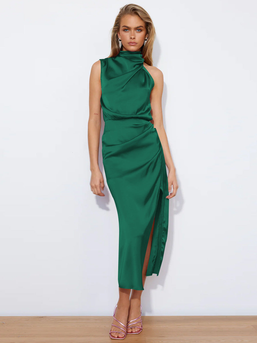 Draping High Grade Slimming Dress Elegant Socialite High Fork Evening Dress Summer Women Clothes