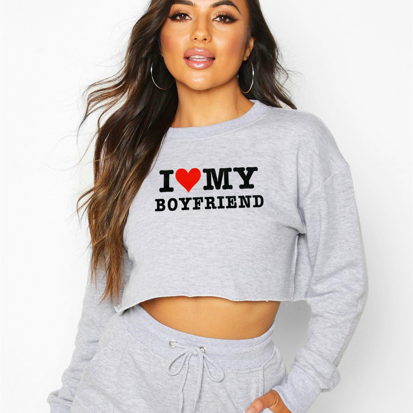 Street Hipster I Love My Boyfriend Printed Short Sweatshirt Autumn Winter Women Clothing