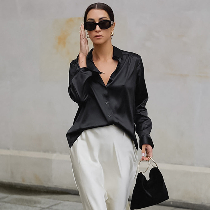Black Satin Matte Silk-like Office Long Sleeve Shirt Autumn Top for Women