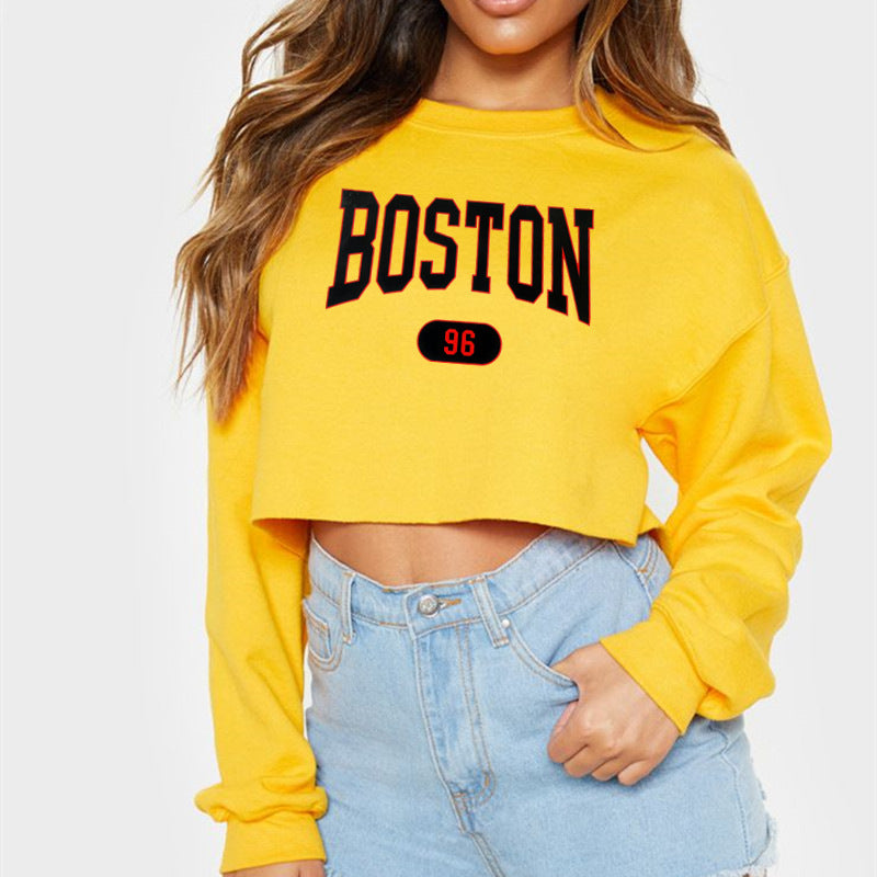 Women Clothing Autumn Winter Boston Letter Graphic Printing Cropped Long Sleeves Sweatshirt Women