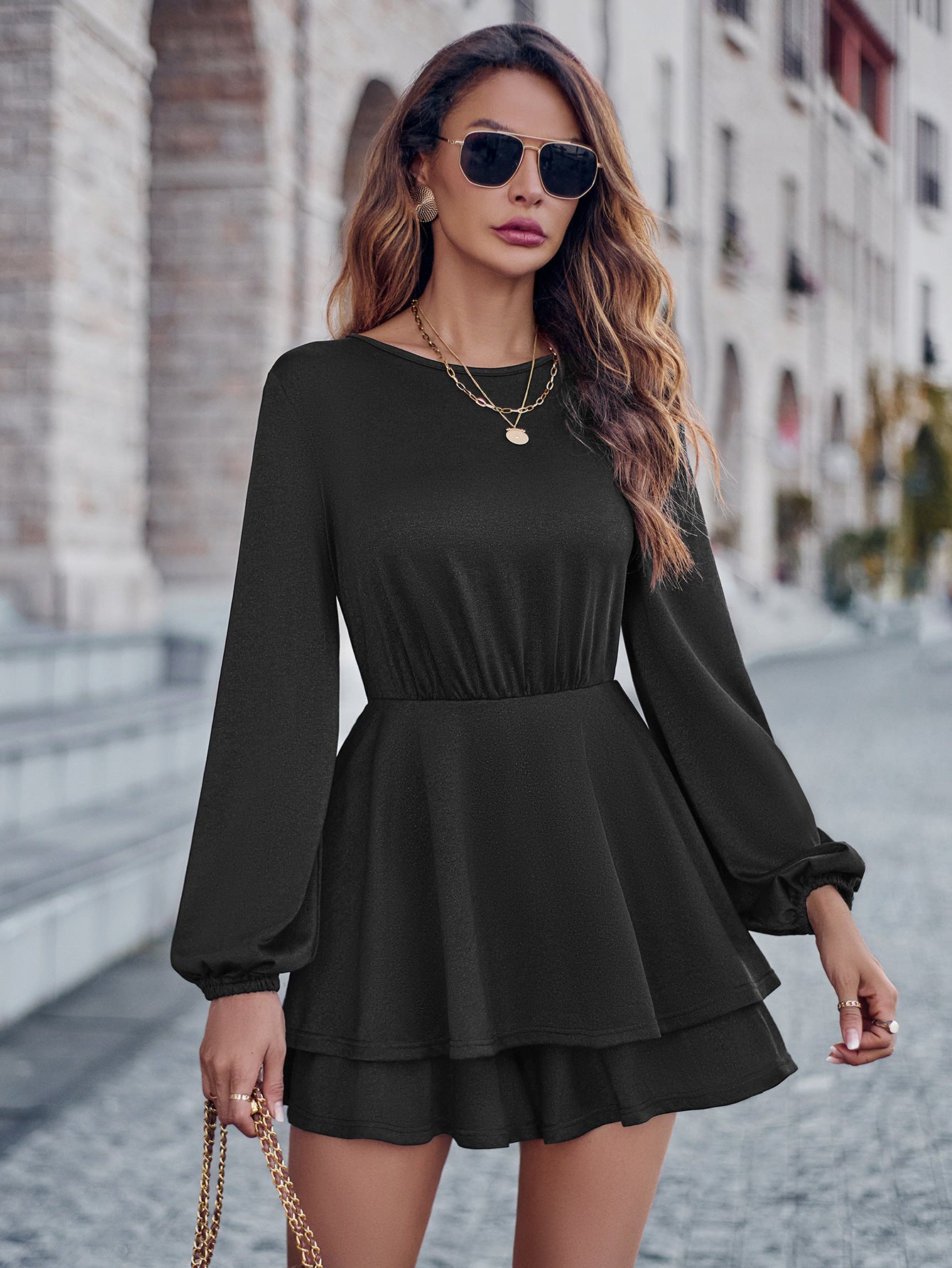 Fall Winter Women Clothing Casual Solid Color round Neck Waist Trimming Knitted Long Sleeve Jumpsuit
