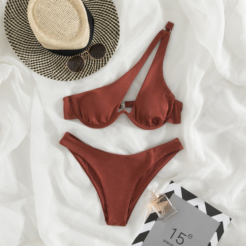 Multi Color Sexy Triangle Women Seperated Swimwear Solid Color One Shoulder Steel Bracket Hollow Out Cutout