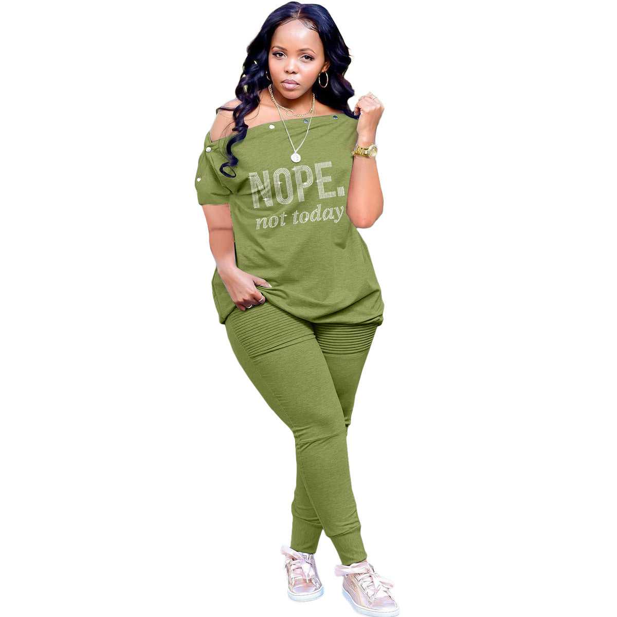 Urban Sexy Rhinestone Letter Graphic Breasted Off Neck Loose Two Piece Suit