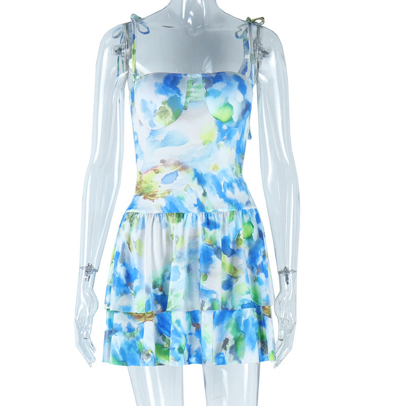 Printed Sexy Chest Wrap Spaghetti Strap Ruffle Short Holiday Dress Women Dress