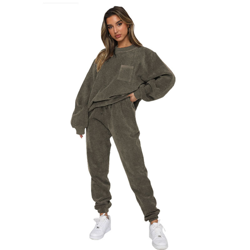 Autumn Winter Corduroy Solid Color round Neck Pullover Long Sleeve Two Piece Set Smart Trousers Suit Women