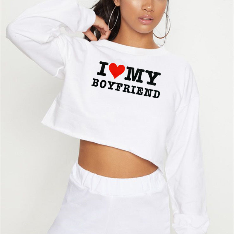 Street Hipster I Love My Boyfriend Printed Short Sweatshirt Autumn Winter Women Clothing
