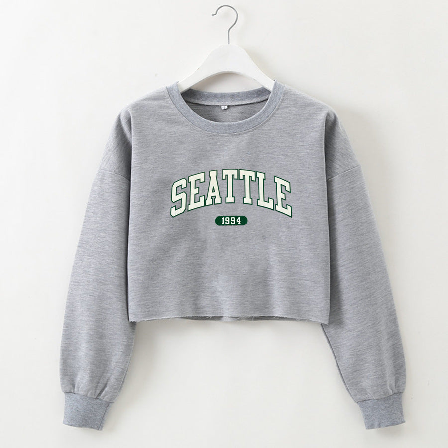 Women Clothing Autumn Winter Seattle Letter Graphic Printing Short Loose Long Sleeves Sweater