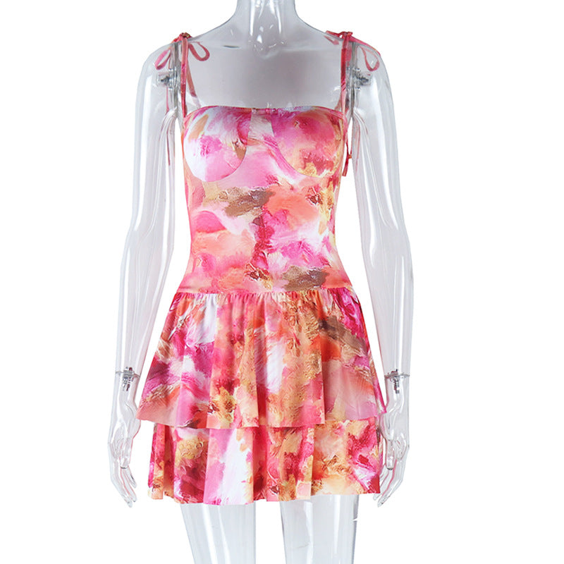 Printed Sexy Chest Wrap Spaghetti Strap Ruffle Short Holiday Dress Women Dress
