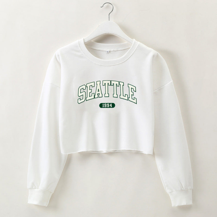 Women Clothing Autumn Winter Seattle Letter Graphic Printing Short Loose Long Sleeves Sweater
