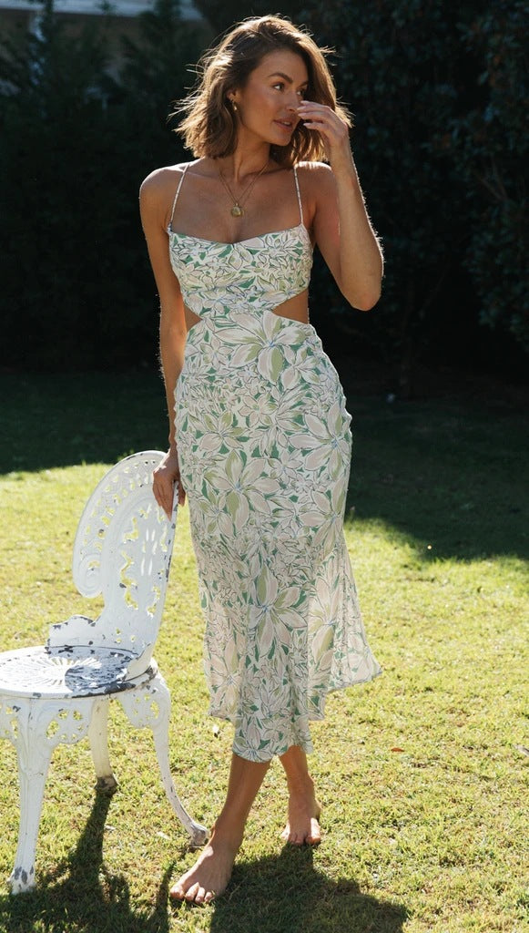 Spring Summer Small Floral Print Backless Lace-up Sweet Spaghetti-Strap Dress