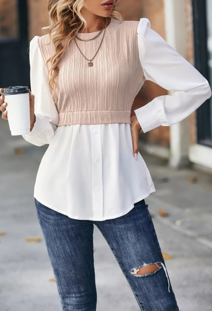 Women Clothing Round Neck Wavy Stripes Stitching Tops Elegant Blouse