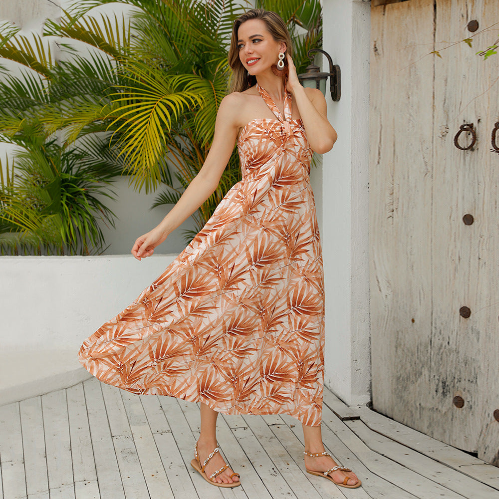 Summer Women Sexy off Shoulder Halterneck Printed Sleeveless Swing Dress Women